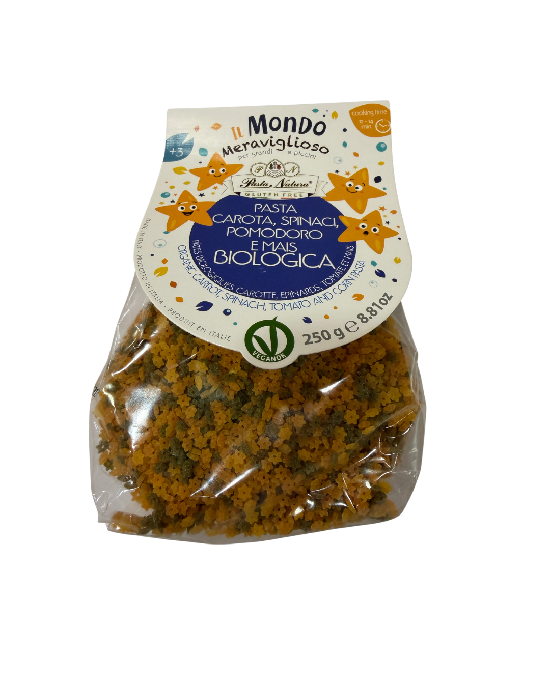 ESTRELLITAS MAIZ, TOMATE, ZANAHORIA Y ESPINACAS PASTA NATURA 250G
